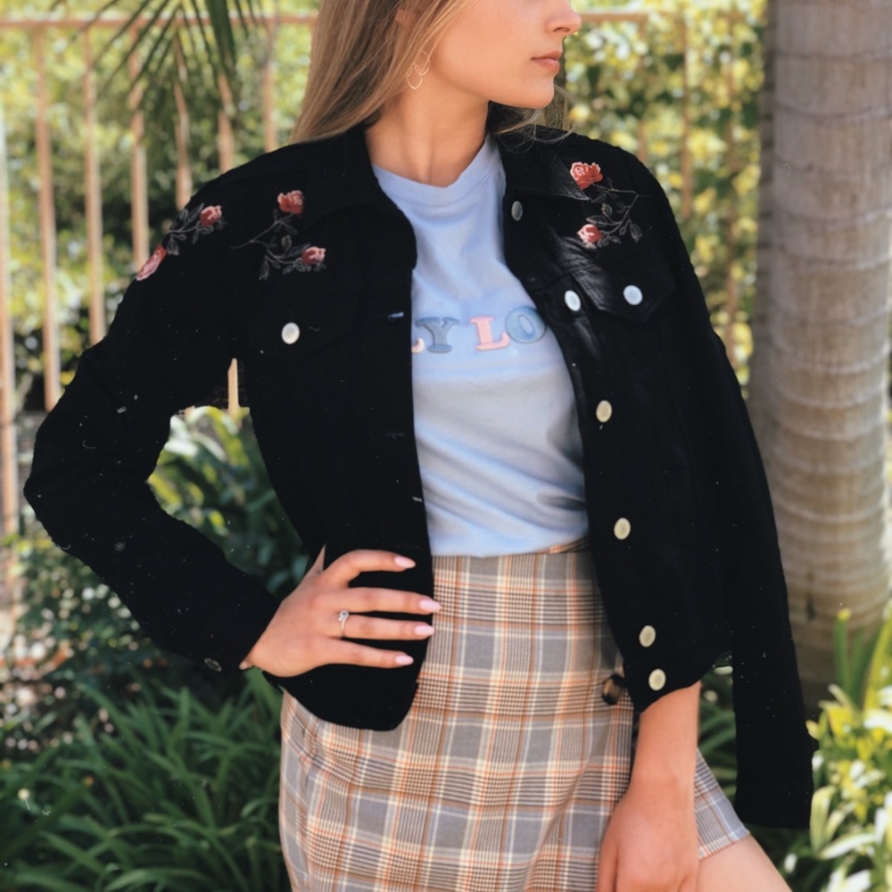 Black denim jacket with red rose embroidery